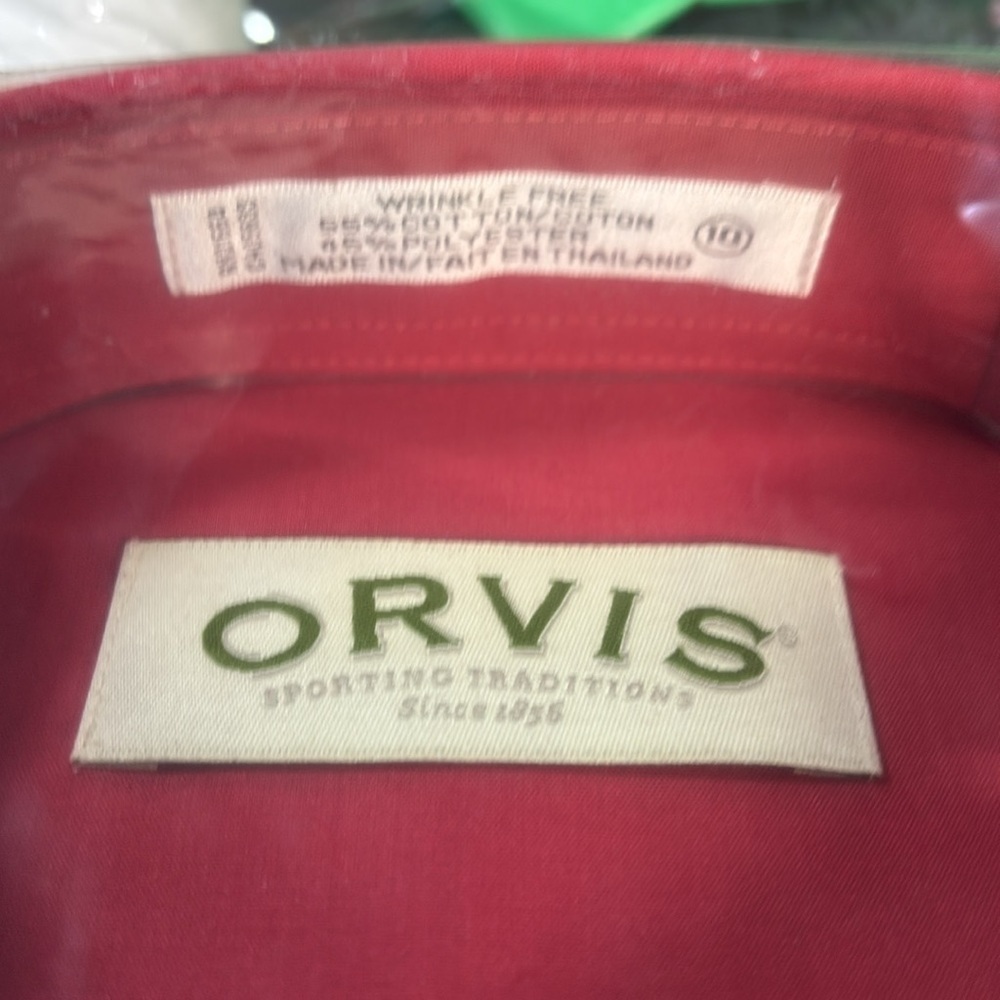 ORVIS red wrinkle free long sleeve cotton blend collard pocket shirt - Picture 6 of 7